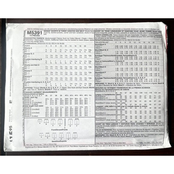 Misses Shorts Pattern McCalls 5391 Sz 4-12 Six Shorts 3 Lengths Belt UNCUT 2007 - Picture 2 of 2